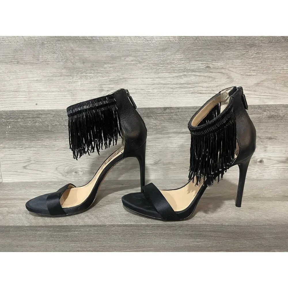 BCBGMAXAZRIA Devine Beaded Fringe Heels Women 8M Black Satin Stiletto Sandals